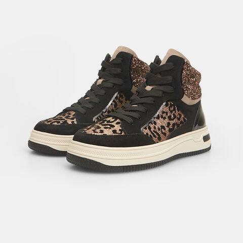 Sneakers altas de mujer con estampado animal y brillo , Marrón Sneakers altas de mujer con estampado animal y brillo , Marrón